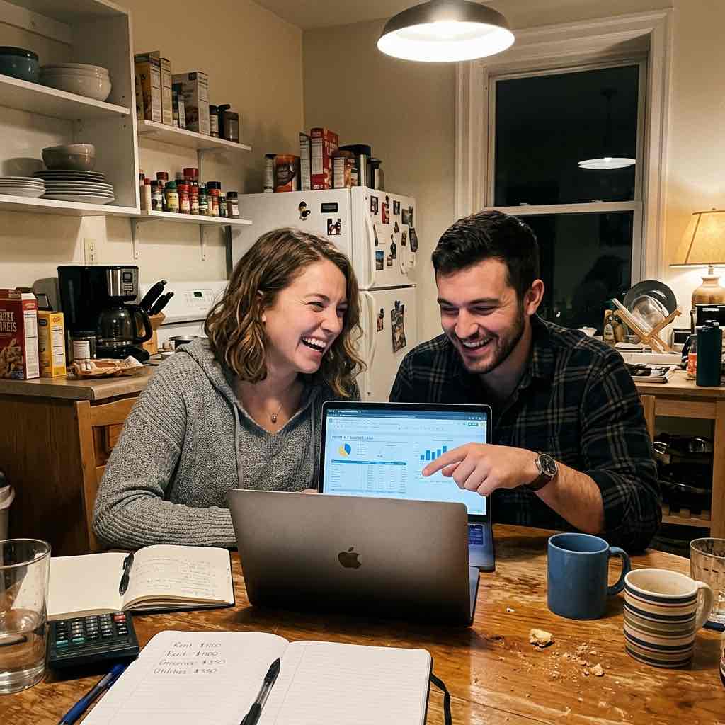 To unge voksne som ser på en laptop og jobber med budsjett